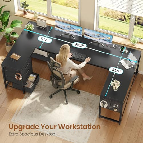 SEDETA 67" U Shaped Desk with 4 Fabric Drawers, Reversible Corner Computer Desk with Power Outlet & CPU Shelf, L Shaped Office Desk with Pegboard for Home Office, Black SEDETA