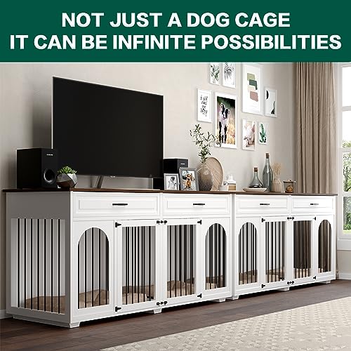 FFIQQ Double Dog Crate Furniture,74.8 Inch Dog Crate Kennel Furniture for 2 Large Breed Dogs,Heavy Duty Wooden Dog Crate with Divider&2 Drawers,White - WoodArtSupply