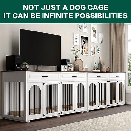 FFIQQ Double Dog Crate Furniture,74.8 Inch Dog Crate Kennel Furniture for 2 Large Breed Dogs,Heavy Duty Wooden Dog Crate with Divider&2 Drawers,White - WoodArtSupply