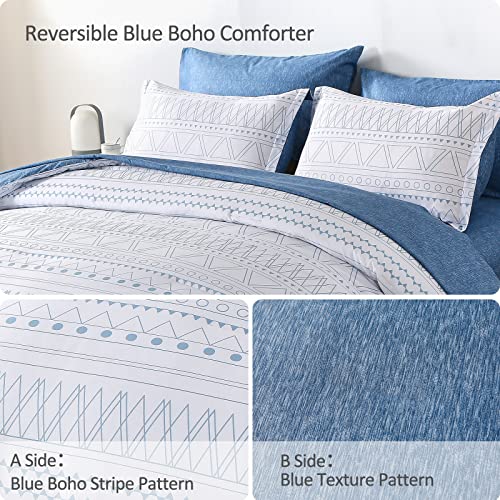 WONGS BEDDING Blue Boho Bed in a Bag Queen,7 Pieces Navy Comforter Set Queen Geometric Comforter Reversible Soft Microfiber Bedding Set with Comforter,Pillowcases,Flat Sheet,Fitted Sheet,Pillow Shams WONGS BEDDING