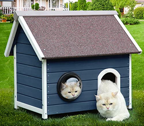 Rockever Outdoor Cat House, Cat House for Outdoor Cats Feral Cat House with Escape Door and Clear Windows for 2 Cats (Modern, Blue) - WoodArtSupply