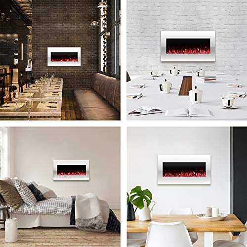 Northwest Wall Mounted Electric Fireplace Heater - 10-Color LED Flame and 3 Media Backgrounds 36-Inch Wall Mounted Fireplace with Adjustable Brightness and Remote (White) Northwest