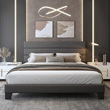 WEEWAY Dark Grey King Bed Frame with Linen Upholstered Headboard & Wooden Slats Support WEEWAY
