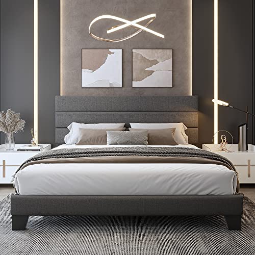 WEEWAY Dark Grey King Bed Frame with Linen Upholstered Headboard & Wooden Slats Support - WoodArtSupply