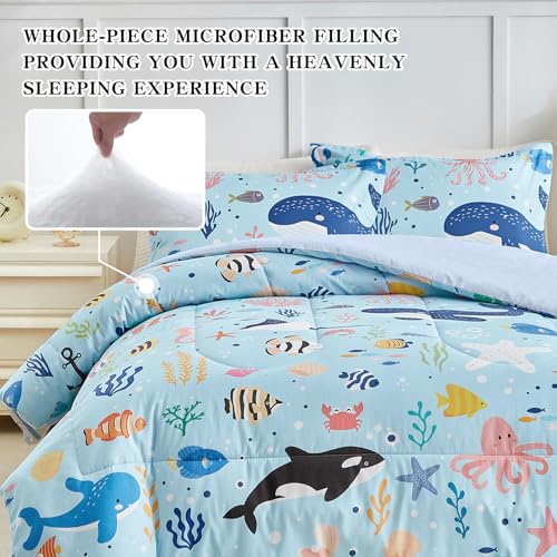 Joyreap 3pcs Cotton Twin Size Comforter Set for Kids, World of The Sea Theme Blue Design, Soft n Cozy Bedding Comforter for All Season- 68x88 inches Joyreap