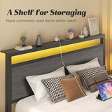 Fluest Queen Bed Frame with Headboard & Footboard, Bed Frame with Built-in Charging Station & LED Light, Storage Shelf, Noise-Free, No Box Spring Needed, Easy Assembly, Rustic Grey Fluest