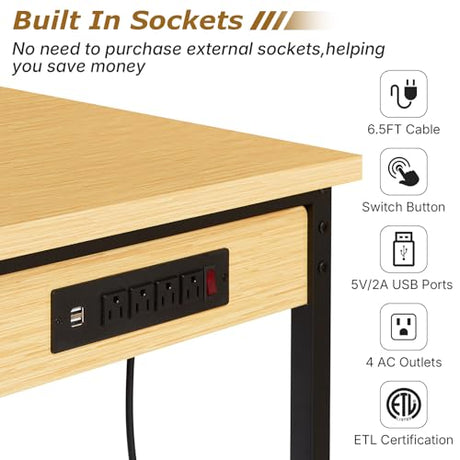 48" Adjustable Height Workbench with Pegboard, Work Benches for Garage, Heavy Duty Wood Top Work Bench with Wheels, 2000 LBS Load Capacity, Rolling Work Table with AC/USB Outlet Storage Shelf Hooks Zevemomo