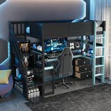 LUMISOL Full Size Gaming Loft Bed with Desk & Stairs, Solid Wood Loft Bed with Shelves & Pegboard, Black+Blue LUMISOL