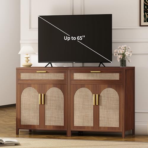 Curlaky Rattan Buffet Cabinet with Storage, Sideboard Cabinet with Doors and Shelves, Accent Coffee Bar with Drawers, Farmhouse Kitchen Storage Cabinets, Wood credenza for Entryway, Living Room Walnut Curlaky