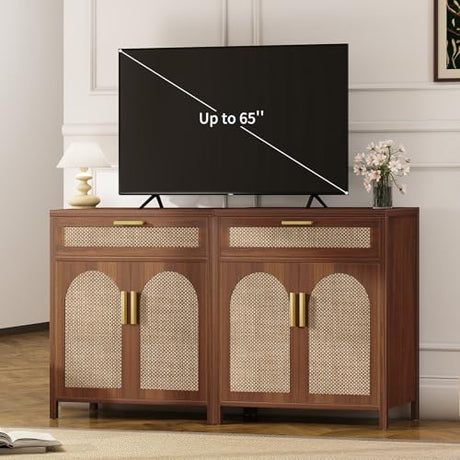 Curlaky Rattan Buffet Cabinet with Storage, Sideboard Cabinet with Doors and Shelves, Accent Coffee Bar with Drawers, Farmhouse Kitchen Storage Cabinets, Wood credenza for Entryway, Living Room Walnut Curlaky
