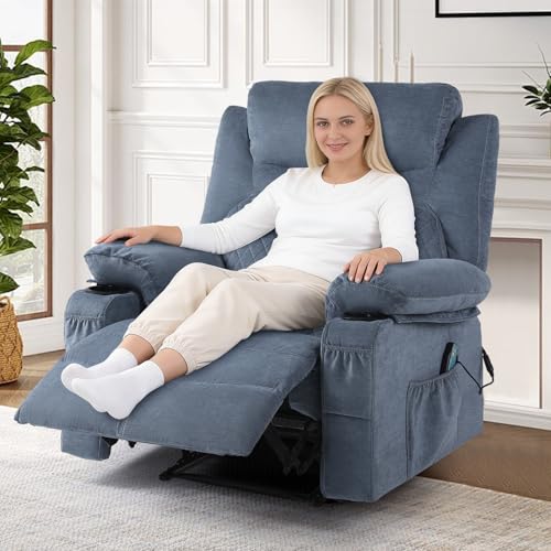 Overstuffed Massage Recliner Chair with Heat, Fabric Wide Seat Reclining Chair with Cup Holder for Adult, Heated Massaging Manual Recliner Chairs, Navy Blue