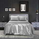 AiMay 4 Piece Twin Size Satin Bedding Sheet Pillowcase Sets Deep Pocket Silky Super Soft Solid Color 1 Flat Sheet 1 Fitted Sheet 2 Envelope Style Pillowcases Sexy Honeymoon (Twin, Silver/Light Grey) AiMay