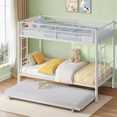 VECELO Twin Over Twin Bunk Bed with Trundle, Convertible Metal Bunkbeds with 2 Ladders and Guardrails, Space Saving, No Box Spring, White VECELO