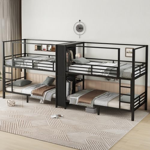 Twin Size Quadruple Metal Bunk Bed with Wardrobe & Storage Shelves, Quadruple Metal Bunk Bed Frame with Noise-Reduced Design (Black/Twin) MERITLINE