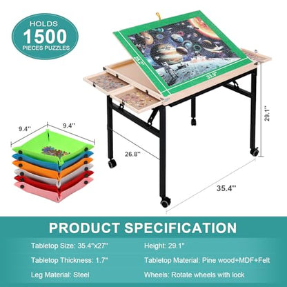 JoyPcsTable Puzzle Table 1500 Piece, 3-Angle Adjustable Jigsaw Puzzle Table with Drawers, Portable Puzzle Table with Legs & Cover, Folding Puzzle Table on Wheels for Adults, Gift for Mothers' - WoodArtSupply