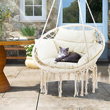 KROFEM Macrame Hammock Hanging Swinging Chair with Medium Cushion, Perfect for Bedroom, Porch, Adults, Balcony, Beige KROFEM