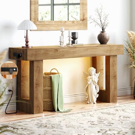 Unikito 63'' Farmhouse Console Table with Power Outlets and Sensor Light, Wooden Entryway Table with Storage, Rectangular Sofa Tables Behind The Couch for Entrance, Hallway, Living Room, Natural Oak Unikito