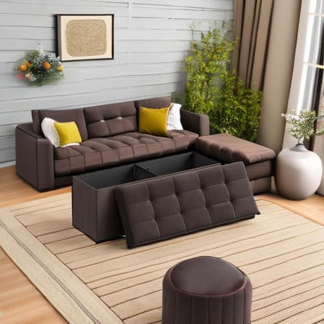 SONGMICS MAZIE Collection - 43 Inches Folding Storage Ottoman Bench, Ottoman Foot Rest, End of Bed Bench, Storage Chest, Load 660 lb, for Living Room, Bedroom, Entryway, Brown ULSF77BR SONGMICS