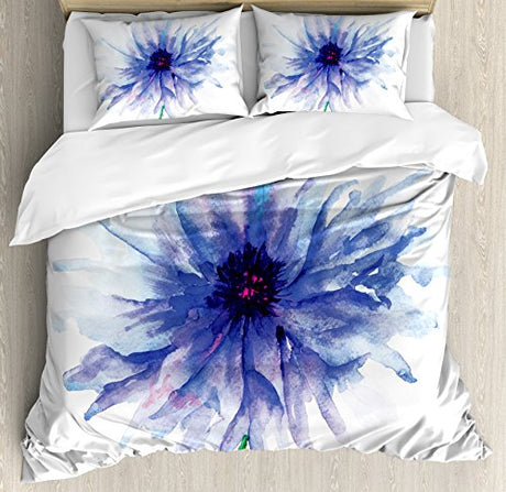 Ambesonne Watercolor Flower Duvet Cover Set, Single Large Petite Cornflower Plain Background Mother Earth Paint, Decorative 3 Piece Bedding Set with 2 Pillow Shams, Queen Size, Navy Blue White Ambesonne