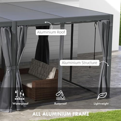 Outsunny 12' x 19' Louvered Pergola Hardtop Gazebo with Adjustable Aluminum Roof and Frame, Outdoor Pergola with Curtains and Netting, for Garden, Lawn, Backyard, and Deck, Dark Gray