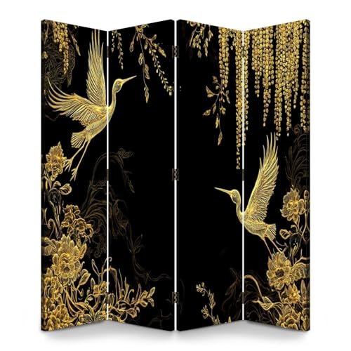 4 Panels Folding Screen Room Divider Cran Bird Wisteria Seamless Japanese Chinese Gold Black Traditional Canvas Screen Room Separator Freestanding Protective Decorative Divider Privacy Partition VETEB