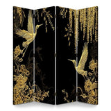 4 Panels Folding Screen Room Divider Cran Bird Wisteria Seamless Japanese Chinese Gold Black Traditional Canvas Screen Room Separator Freestanding Protective Decorative Divider Privacy Partition VETEB
