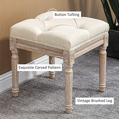 HOMCOM 16" Vintage Ottoman, Tufted Foot Stool with Upholstered Seat, Rustic Wood Legs for Bedroom, Living Room, Beige - WoodArtSupply