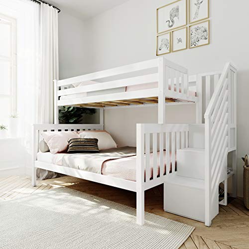 Max & Lily Bunk Bed, Twin-Over-Full Bed Frame For Kids With Stairs, White Max & Lily