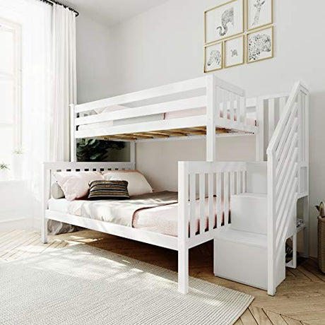 Max & Lily Bunk Bed, Twin-Over-Full Bed Frame For Kids With Stairs, White Max & Lily