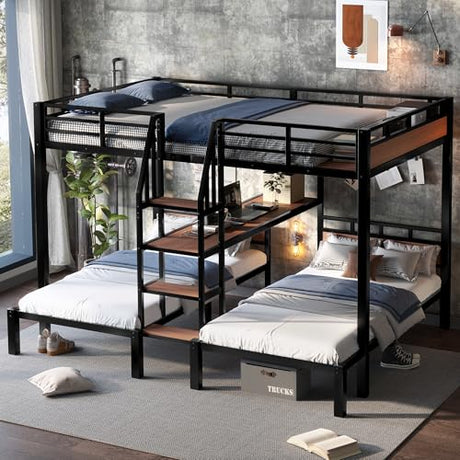 Bellemave Queen Over Twin Over Twin Bunk Bed with Shelf and Stairs, Heavy Duty Triple Bunk Beds with Safety Guardrails, Metal Triple Bunk Bed Frame for 3 Kids, Teens, Black Bellemave