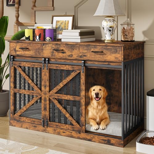 kepptory 48 Inch Large Dog Crate Furniture with 3 Storage Drawers, Wooden Pet Kennel with Removable Divider, Dog Kennel End Table TV Stand, Farmhouse Style Dog Crates with Sliding Barn Door (Brown) kepptory