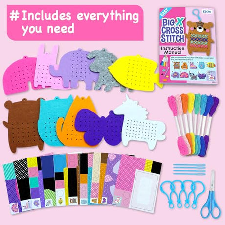 EZCRA Beginner Needlepoint Cross Stitch Kit for Kids Ages 5-8 – Easy Embroidery Starter Set with Jumbo Plastic Needles, Pre-Printed Patterns, Instructions – DIY Arts & Crafts for Girls & Boys EZCRA