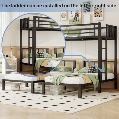 MoproBeti Triple Bunk Bed for Kids,Metal Heavy Duty 3 Bunk Beds with Storage Shelf & Ladder, Convertible Three Bunk Beds for Girls Boys Teens,Can be Separated into 3 Beds, Black MoproBeti