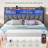 Welzona Full Size Bed Frame with Headboard, LED Lights Full Bed Frames with Charging Station, 2-Tier Storage Shelves, Heavy Duty Metal Slats, Noise-Free, No Box Spring Needed, Easy Assembly, Brown Welzona