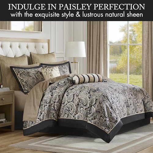 Madison Park Aubrey Cozy Comforter Set, Faux Silk Jacquard Paisley Design - All Season Down Alternative Bedding with Cotton Bed Sheets, Bed Skirt & Toss Pillows, King Black 12 Piece Madison Park