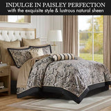 Madison Park Aubrey Cozy Comforter Set, Faux Silk Jacquard Paisley Design - All Season Down Alternative Bedding with Cotton Bed Sheets, Bed Skirt & Toss Pillows, King Black 12 Piece Madison Park