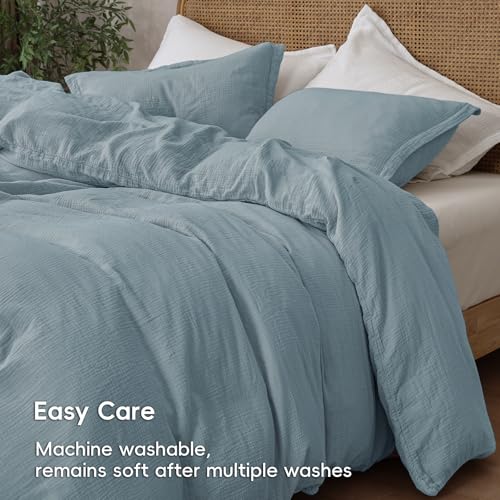 PHF 100% Natural Cotton Muslin Duvet Cover Set King Size, Ultra Soft Breathable Absorbent, Luxurious Minimalist Gauze Bedding for All Season, Duvet Set with 2 Pillow Shams, 104" x 90", Dusty Blue PHF