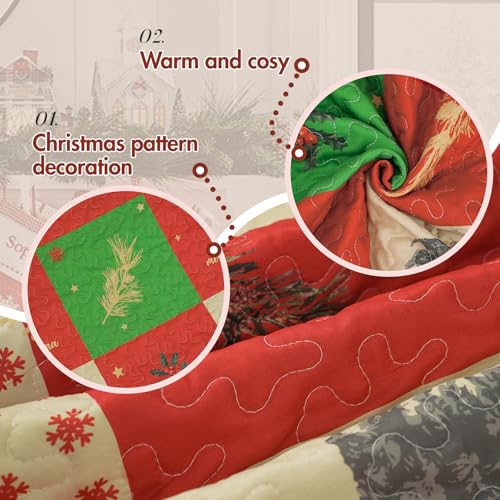 ROMROL Christmas Quilt Set King Size, Red Plaid Christmas Bedding Comforter Set Lightweight Patchwork Elks Quilted Coverlet Bedspread with 2 Pillow Shams（96 * 90”） ROMROL
