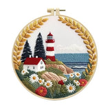 Zhenqing Lighthouse Embroidery Kit for Beginners, Pre-Printed 29x29cm Fabric with 20cm Hoop & Threads, Coastal Lighthouse Scene for Home Decor(C0195)