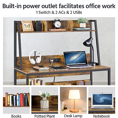 Yaheetech 47 in Rustic Brown Modern Computer Desk with Power Outlets and USB Ports - WoodArtSupply