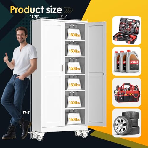 PAOFIN 75''H Metal Garage Storage Cabinet with Wheels,Steel File Cabinets with 2 Doors and 5 Adjustable Shelves for Home Office, Warehouse, Required Assembly,White PAOFIN