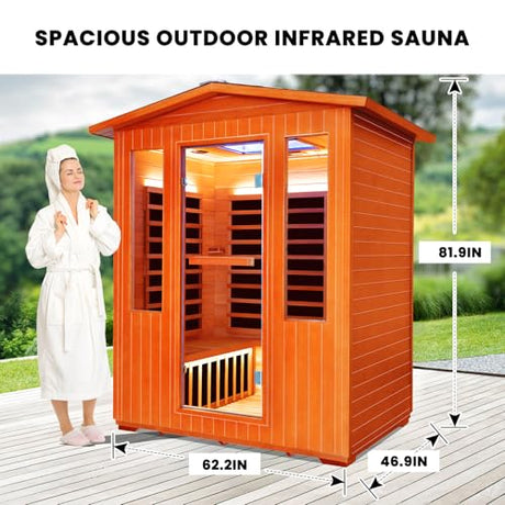 Outdoor Sauna 4 Person Infrared Saunas Outdoor Dry Sauna Room Wood Wooden Sauna Canadian Fir Red Cedar Low EMF 2600W/240V with Oxygen Bar, 7 Color Light, Control Panel, Speaker - 62.2" x 46.9" x 81.9" HOSAUNA