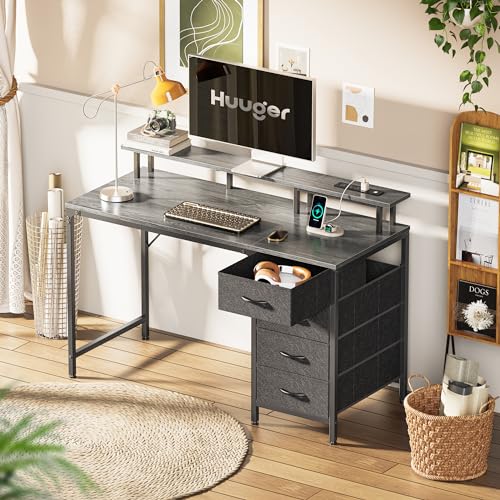 Huuger 47 Inch Computer Desk with Power Outlets and LED Lights, Gaming Desk with 4 Drawers, Office Desk with Monitor Stand, Study Desk Work Desk for Home Office, Small Spaces, Gray - WoodArtSupply