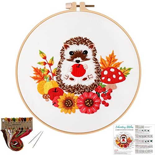 Louise Maelys Animal Embroidery Kits for Beginners with Autumn Hedgehog Pattern,Adults Starter Cross Stitch Kit DIY Needlepoint