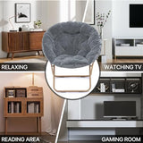 MoNiBloom Round Folding Faux Fur Saucer Chair for Bedroom Living Room Dorm Foldable Metal Frame Oversized Large Comfy Furry Padded Soft Cozy Moon Chair with Footrest Ottoman for Adults (Gray) MoNiBloom