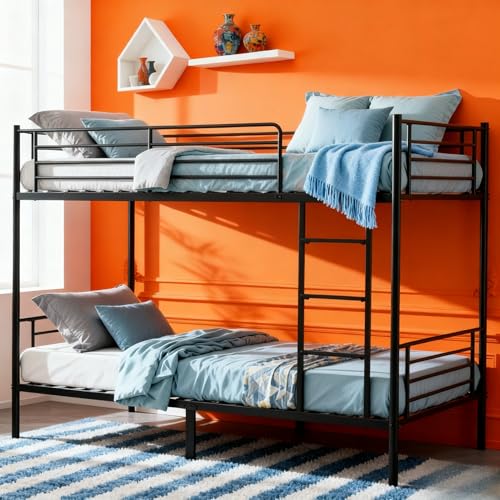 VINGLI Bunk Bed Twin Over Twin for Kids, Teens and Adults,Metal Bunk Bed with Ladder and Flat Rungs, Heavy Duty Metal Slats Support, No Box Spring Needed, for Dorm,Bedroom,Black VINGLI