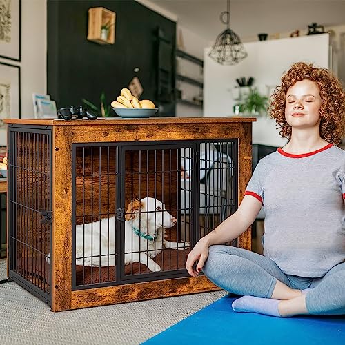 Bigrab Dog Crate Furniture with Thick Cushion, Side End Table Wooden Dog Cage with Double Doors, Chew-Resistant Dog Kennel Dog House Indoor for Small to Large Dog, L Bigrab
