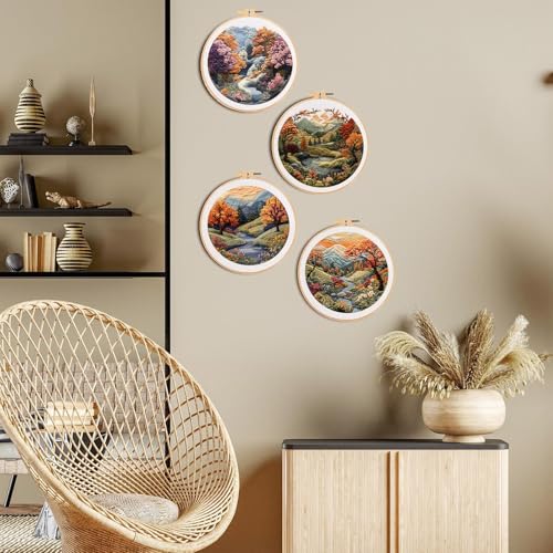 FONNUY Embroidery Kit for Beginners, Boho Nature Landscape Pre-Stamped Pattern Kits for Adults with Hoop, Easy to Follow Color Thread Needlework, 8'' Hoop (Mountain Trail)