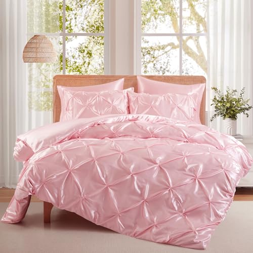 P Pothuiny 5 Pieces Satin Pintuck Duvet Cover Set, Silky Like Blush Pink Pinch Pleat Duvet Cover Full/Queen Size Luxury Bedding Set with Corner Ties, 2 Pillow Shams + 2 Pillowcases (No Comforter) P Pothuiny
