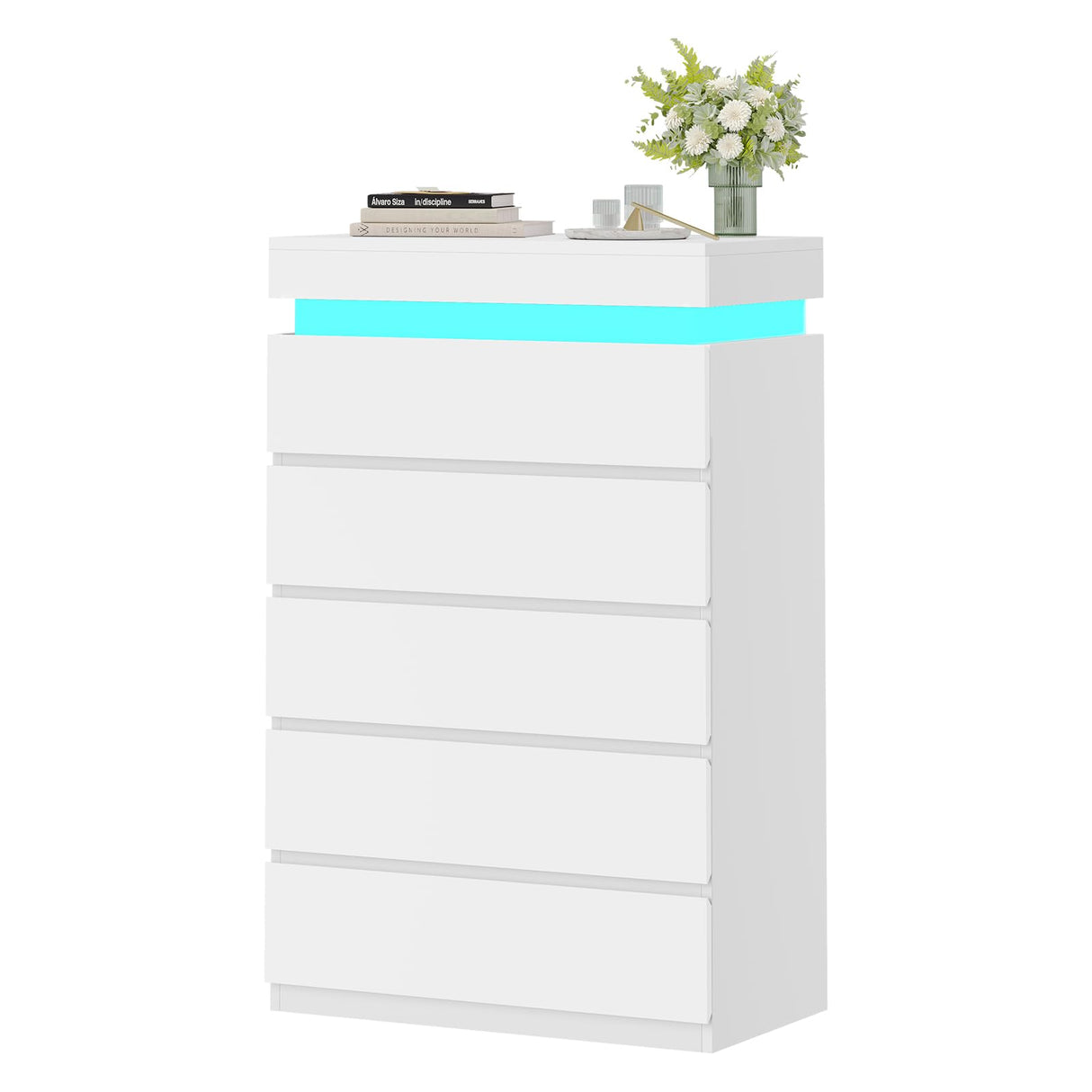 HAUOMS Tall 5 Drawer Dresser with LED Light, White Modern Chest of Drawers for Bedroom,Closet Dressers with Drawers for Living Room, Entryway, Hallway HAUOMS